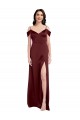 Affordable Draped Off the Shoulder Sleeves Slim A-Line Stretch Satin Bridesmaid Dress with Side Slit UK