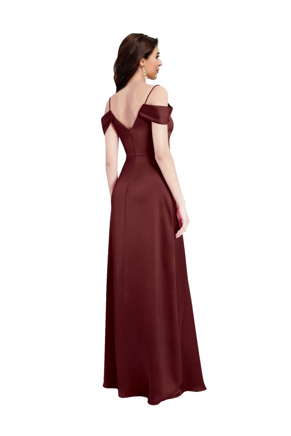 Affordable Draped Off the Shoulder Sleeves Slim A-Line Stretch Satin Bridesmaid Dress with Side Slit UK