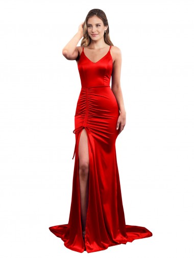 Affordable Long Pleated Stretch Satin Bridesmaid Dress with High Slit UK