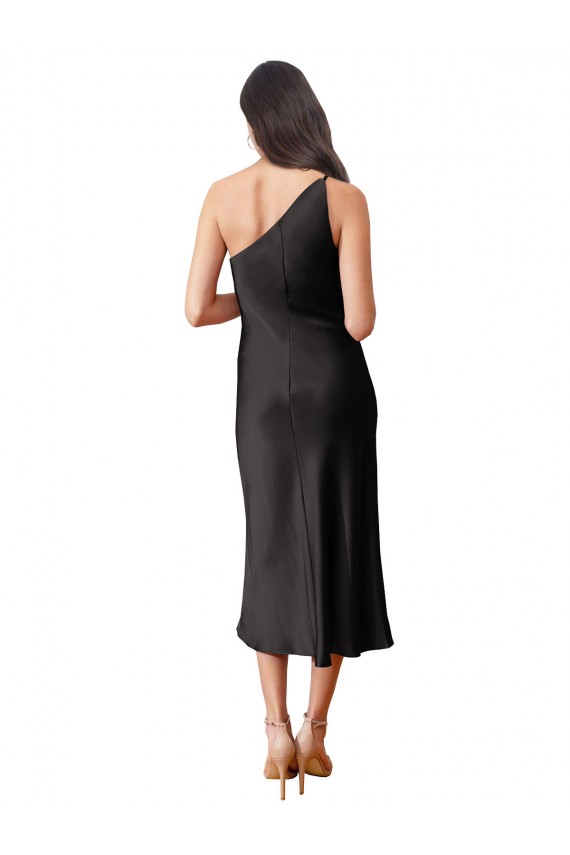 Affordable Sleek One Shoulder Midi Length Short Stretch Satin Slip Bridesmaid Dress UK