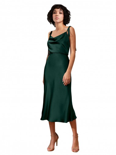 Affordable Spaghetti Straps Tie Shoulders Cowl Neck Short Midi Length Stretch Satin Bridesmaid Dress UK