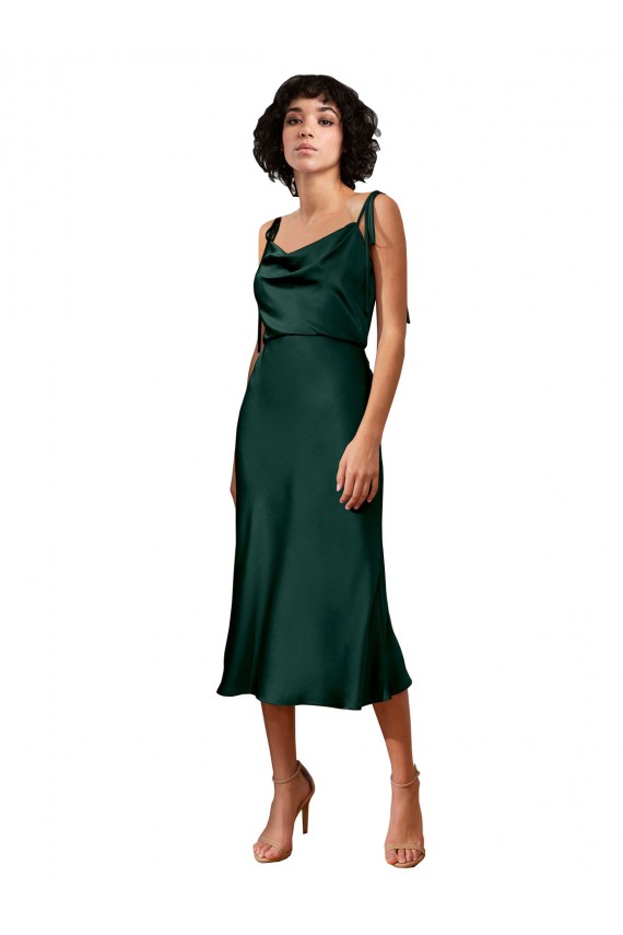 Affordable Spaghetti Straps Tie Shoulders Cowl Neck Short Midi Length Stretch Satin Bridesmaid Dress UK