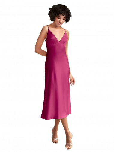 Affordable Midi Length V-Neck Short Stretch Satin Bridesmaid Dress with Low Scoop Back UK