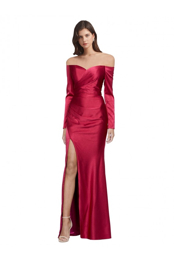Affordable Long Sleeves Off the Shoulder Stretch Satin Bridesmaid Dress with High Side Split UK
