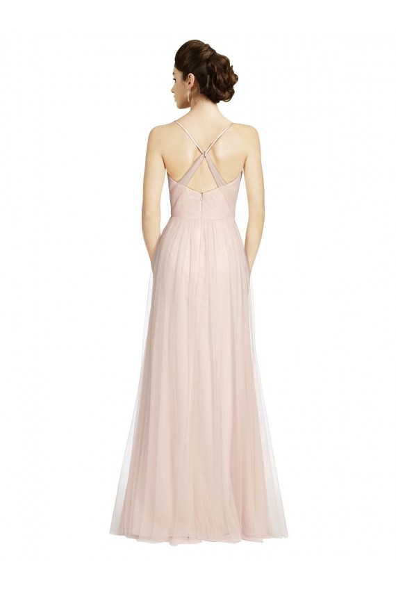 Affordable Long Draped Back A-Line Tulle Bridesmaid Dress with Pleated Bodice UK