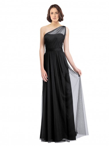 Affordable Ruched Long Soft Tulle Bridesmaid Dress with Sheer Netting Shoulder Strap UK