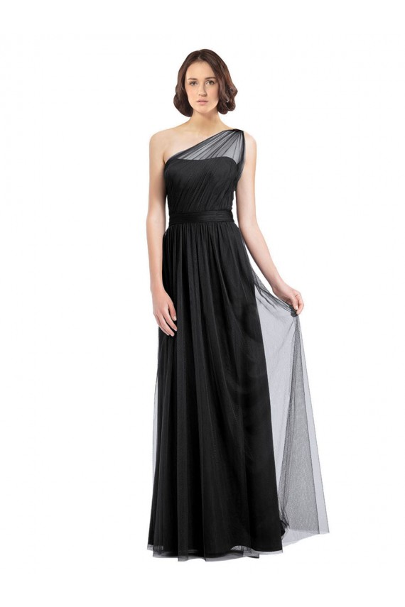 Affordable Ruched Long Soft Tulle Bridesmaid Dress with Sheer Netting Shoulder Strap UK