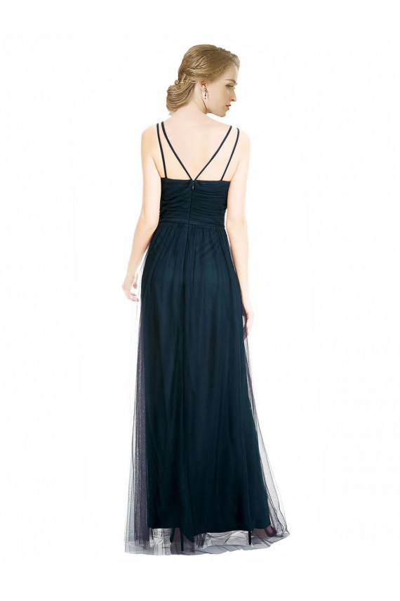 Affordable Full Length Long Tulle Bridesmaid Dress with V-Neck Criss-Cross Ruched Top UK