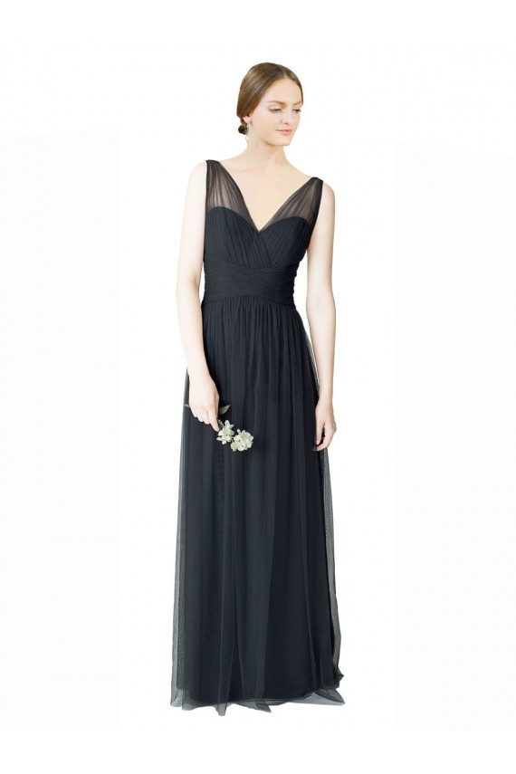 Affordable Long Tulle Bridesmaid Dress with Illusion Shoulder Straps and V-Back UK