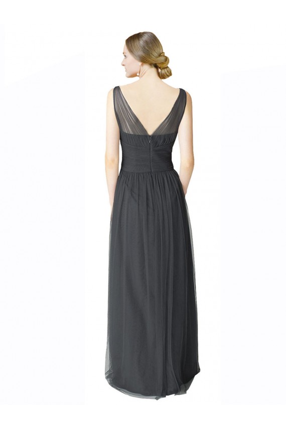 Affordable Long Tulle Bridesmaid Dress with Illusion Shoulder Straps and V-Back UK