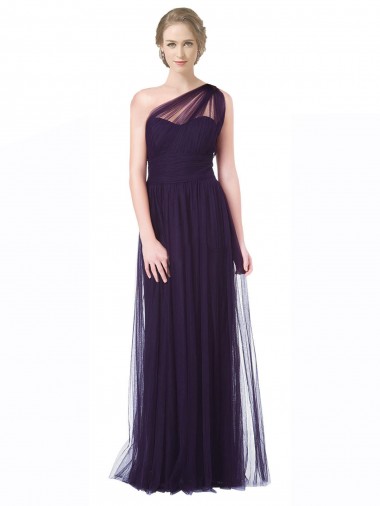 Affordable One Shoulder Long Tulle Bridesmaid Gown with Sheer Netting Strap UK