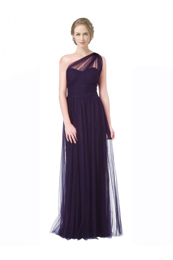 Affordable One Shoulder Long Tulle Bridesmaid Gown with Sheer Netting Strap UK