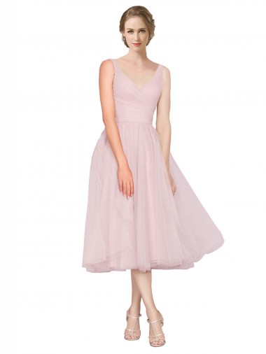 Affordable Short Tea Length Wide Strap Plunge Cross Over Neckline Tulle Bridesmaid Dress UK