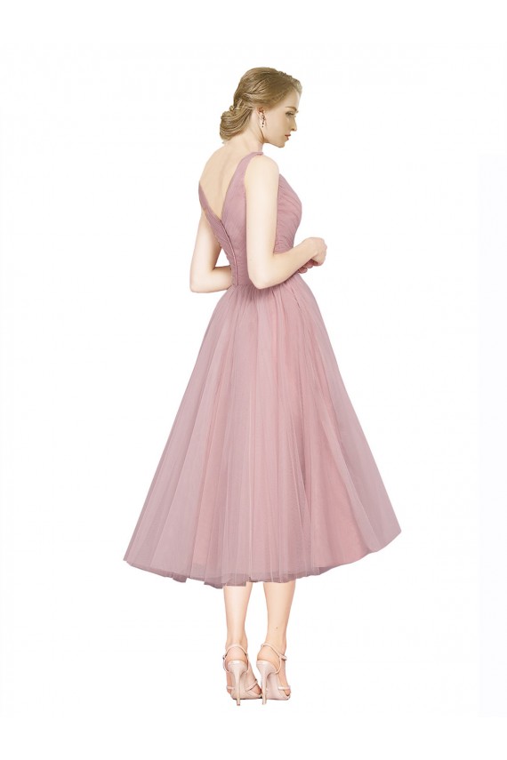 Affordable Short Tea Length Wide Strap Plunge Cross Over Neckline Tulle Bridesmaid Dress UK