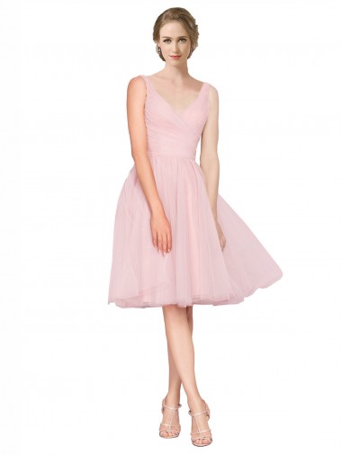 Affordable Short Knee Length Wide Strap Plunge Cross Over Neckline Tulle Bridesmaid Dress UK