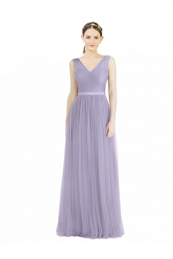 Affordable Wide Straps V-Neck Long Tulle Bridesmaids with Belt UK