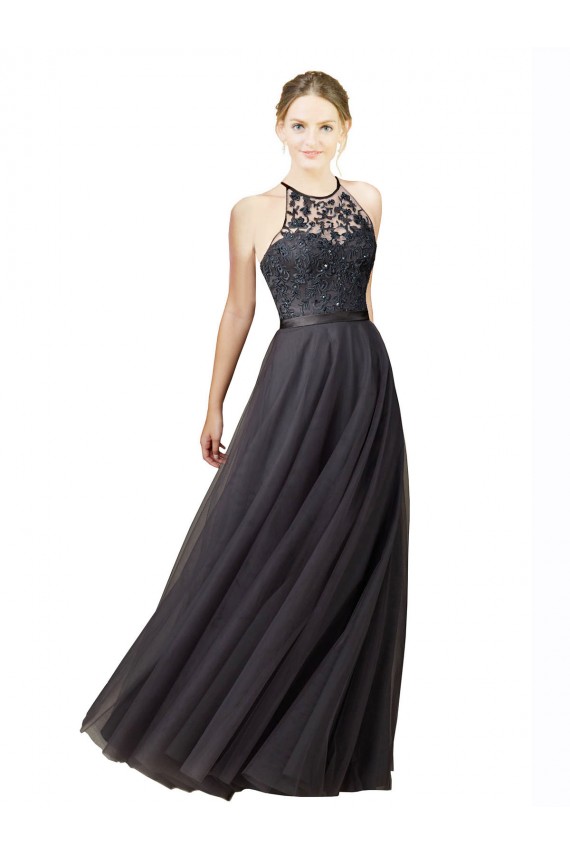 Affordable Sweetheart Neckline Long Sleeveless Tulle Bridesmaid Dress with Lace Bodice UK