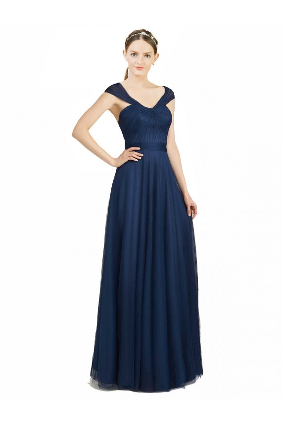Affordable Ruched Sweetheart Long A-Line Tulle Bridesmaid Dress with Wide Straps and Tie Back UK