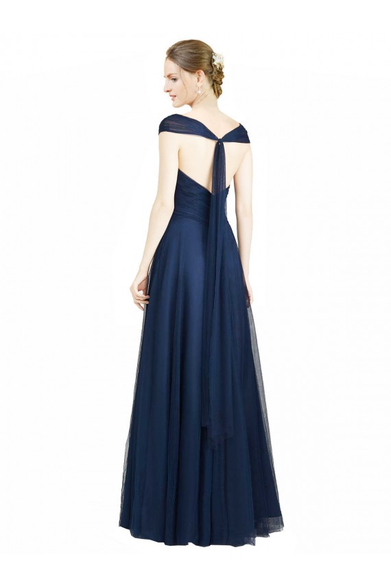 Affordable Ruched Sweetheart Long A-Line Tulle Bridesmaid Dress with Wide Straps and Tie Back UK