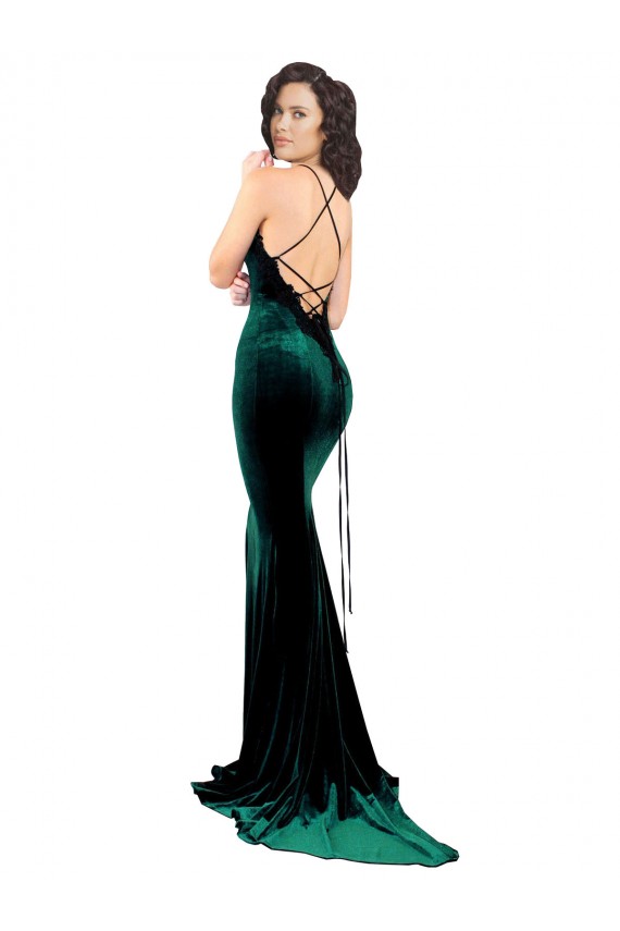 Affordable High Neck Stretch Velvet Bridesmaid Dress with Black Lace Embroidery UK
