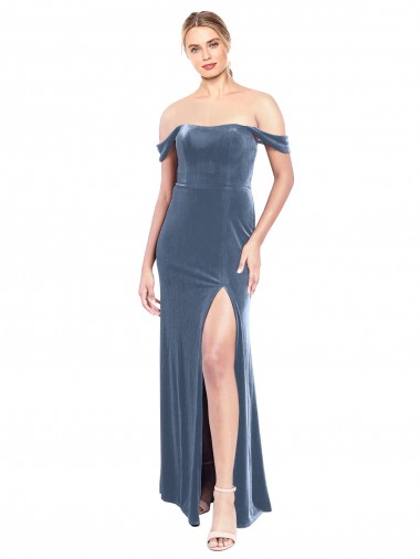 Affordable Draped Sleeves Wide Scoop Neck Off the Shoulder Velvet Bridesmaid Dress UK