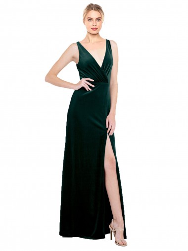 Affordable Sleek V-Neck Long Velvet Bridesmaid Dress with Side Slit UK