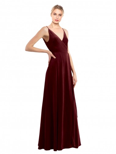 Affordable Faux Wrap V-Neck Sleek Long Velvet Bridesmaid Dress UK