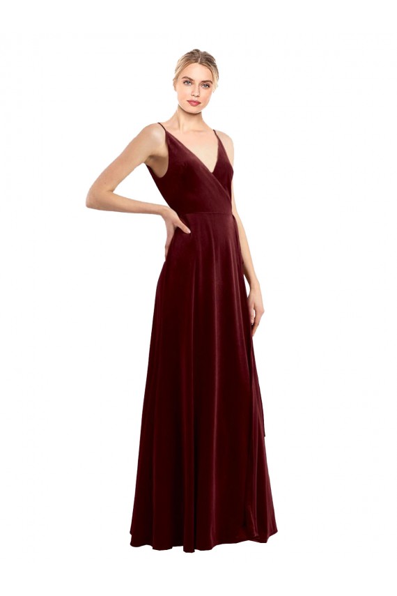Affordable Faux Wrap V-Neck Sleek Long Velvet Bridesmaid Dress UK