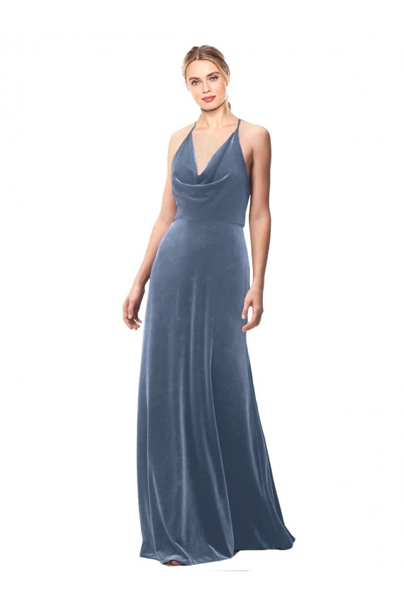 Affordable Halter Cowl Neck Long A-Line Velvet Bridesmaid Dress with Keyhole Back UK