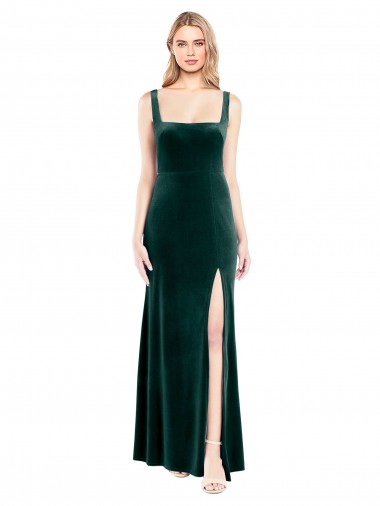 Affordable Square Neck Full Length Velvet Bridesmaid Dress with Side Slit UK