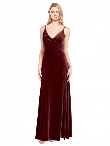 Affordable Faux Surplice Neckline Slim A-Line Long Velvet Bridesmaid Dress UK