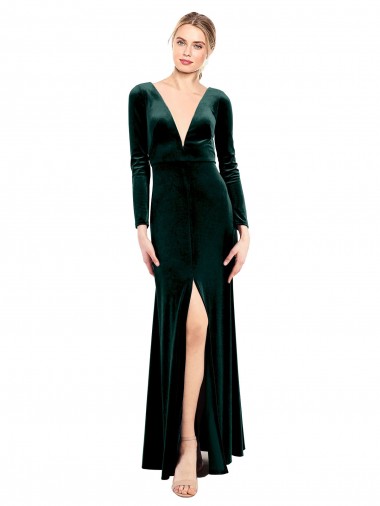 Affordable Plunging V-Neckline Long Sleeves Open Back Velvet Bridesmaid Dress UK