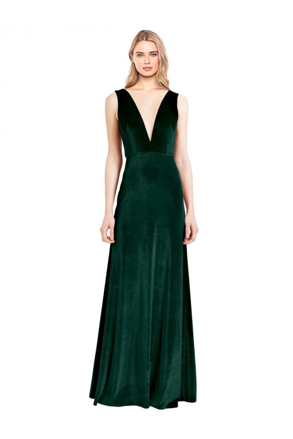 Affordable Daring Deep V-Neck Long Full Length Velvet Bridesmaid Dress UK
