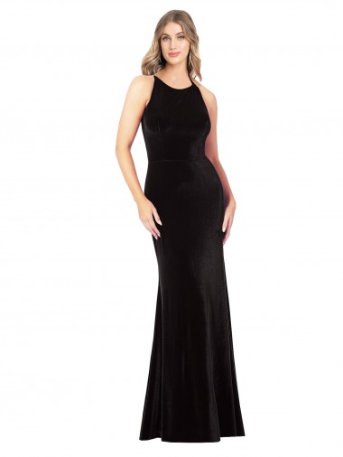 Affordable Vintage Velvet High Neck Bridesmaid Dress with Strappy Back UK