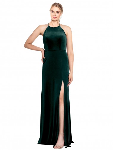 Affordable Long Jewel Neck Full Length Velvet Bridesmaid Dress with Side Slit UK