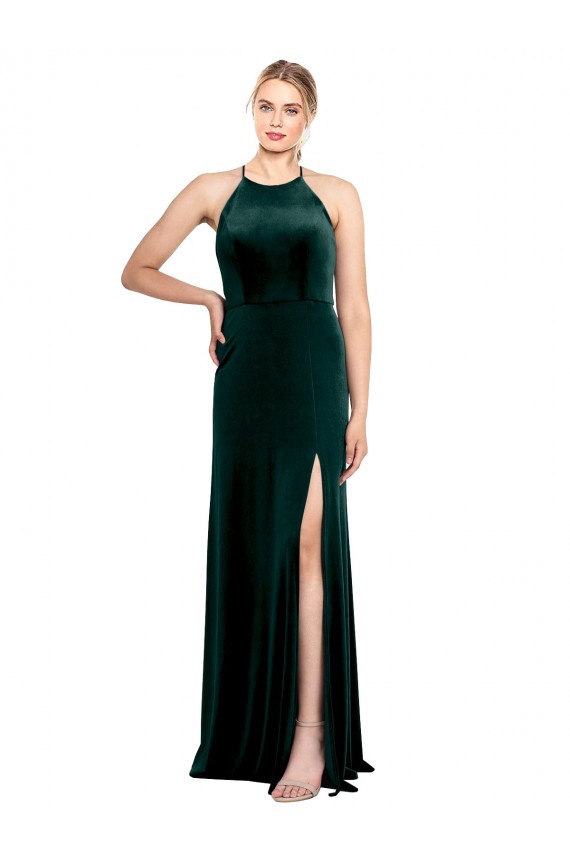 Affordable Long Jewel Neck Full Length Velvet Bridesmaid Dress with Side Slit UK