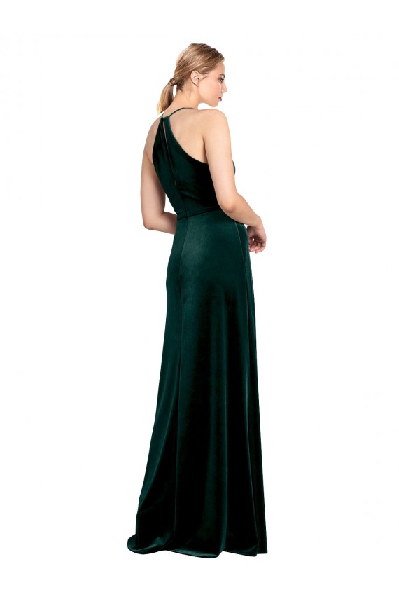 Affordable Long Jewel Neck Full Length Velvet Bridesmaid Dress with Side Slit UK