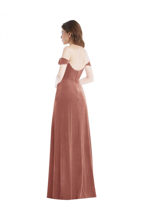 Affordable Off the Shoulder Flounce Sleeve Velvet Maxi Bridesmaid Dress UK