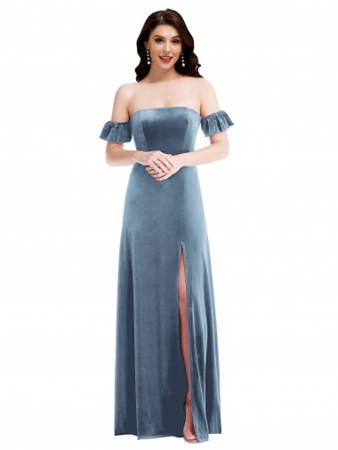 Affordable Ruffle Sleeve Off the Shoulder Velvet Maxi Bridesmaid Dress UK