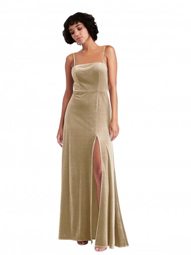 Affordable Square Neck Velvet Maxi Bridesmaid Dress with Front Slit UK