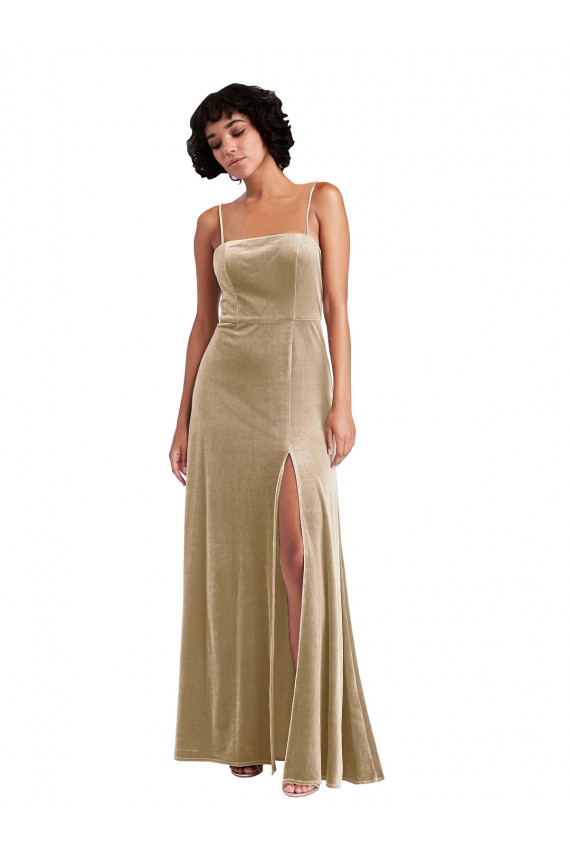 Affordable Square Neck Velvet Maxi Bridesmaid Dress with Front Slit UK