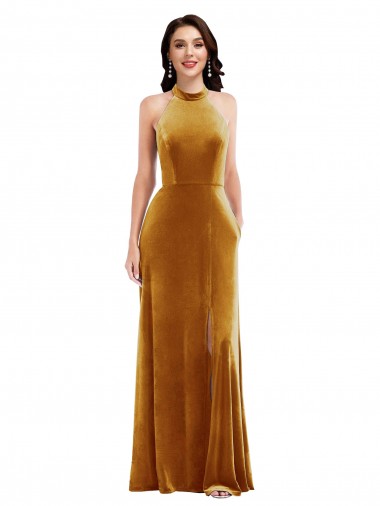Affordable High-Neck Halter Velvet Maxi Bridesmaid Dress with Front Slit UK