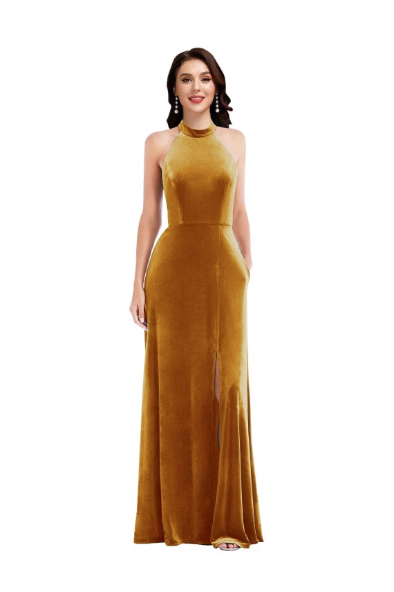 Affordable High-Neck Halter Velvet Maxi Bridesmaid Dress with Front Slit UK