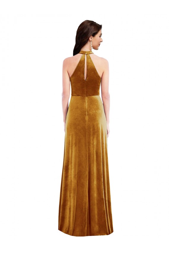 Affordable High-Neck Halter Velvet Maxi Bridesmaid Dress with Front Slit UK