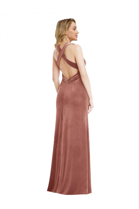 Affordable Plunging Neckline Velvet Maxi Bridesmaid Dress with Criss Cross Open Back UK