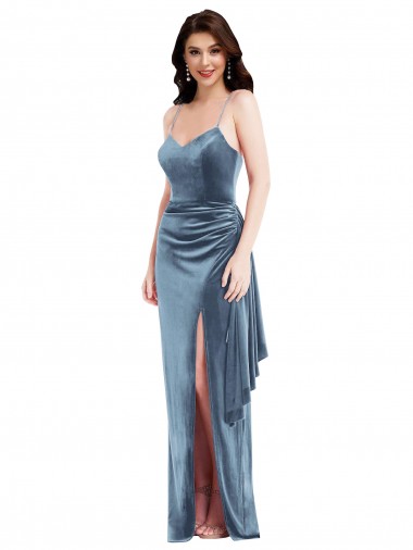 Affordable Spaghetti Strap Velvet Maxi Bridesmaid Dress with Draped Skirt UK