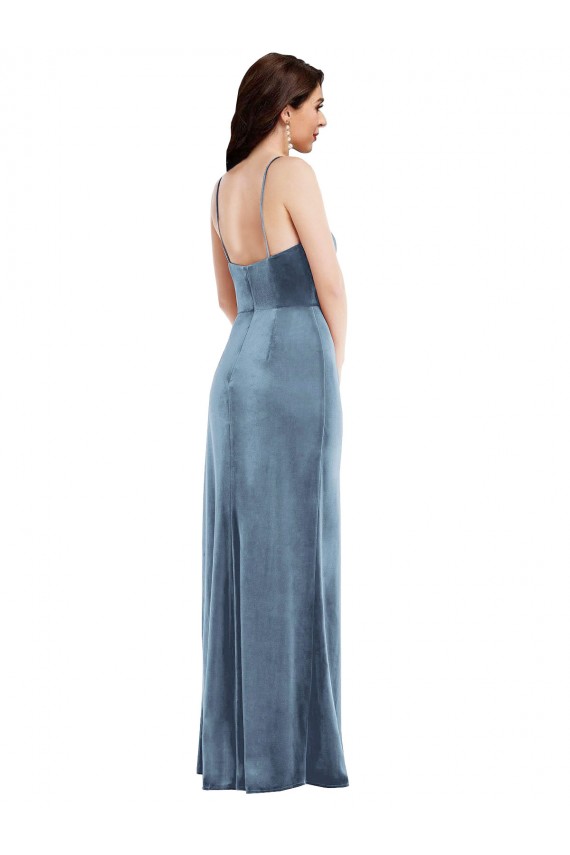 Affordable Spaghetti Strap Velvet Maxi Bridesmaid Dress with Draped Skirt UK
