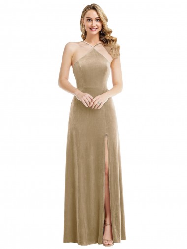 Affordable High Neck Halter Open Back Long Velvet Maxi Bridesmaid Dress UK