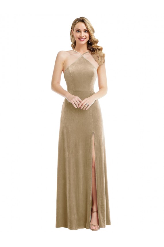Affordable High Neck Halter Open Back Long Velvet Maxi Bridesmaid Dress UK