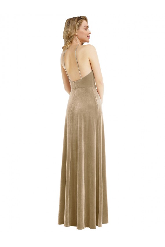 Affordable High Neck Halter Open Back Long Velvet Maxi Bridesmaid Dress UK